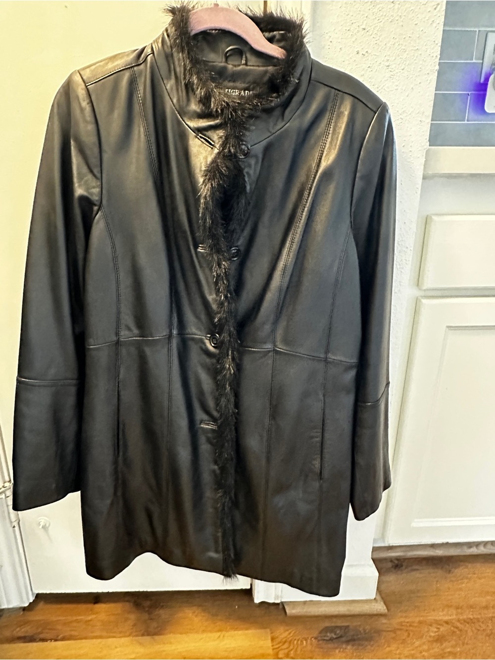 Women's Black Lamb Leather Coat with Faux-Fur Trim